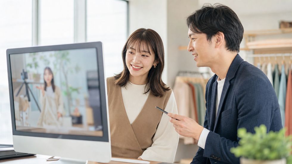 専属スタッフとライバーが配信映像を確認しながらメイクと衣装の改善点を話し合う様子