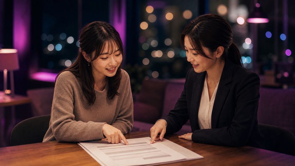 ライバー事務所の契約書を担当者と一緒に確認する様子
