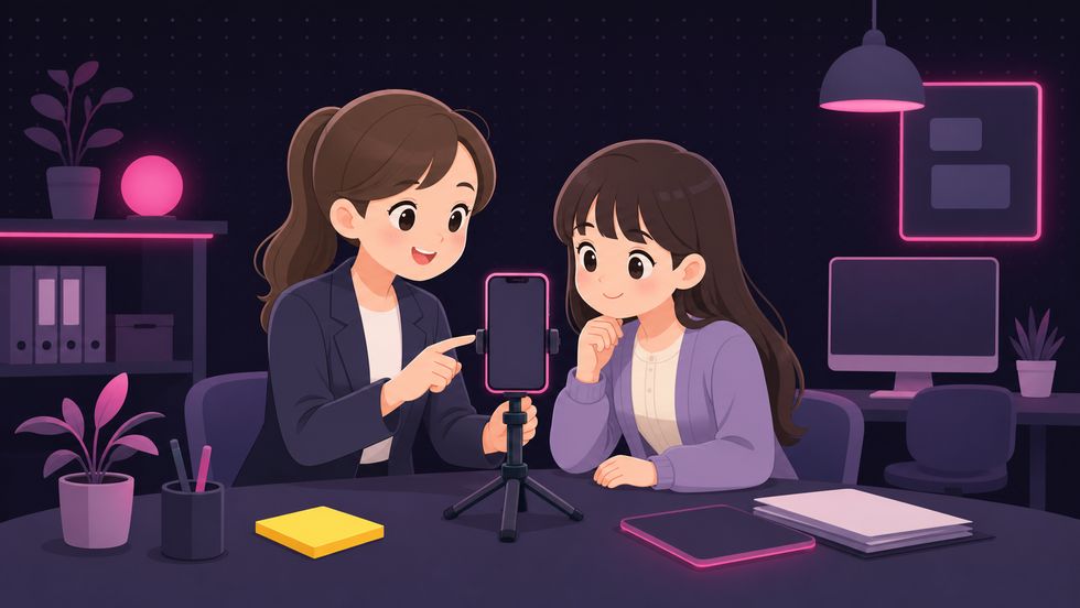 札幌のライバー事務所スタッフが未経験者にスマホ配信の設定をていねいにレクチャーしている様子
