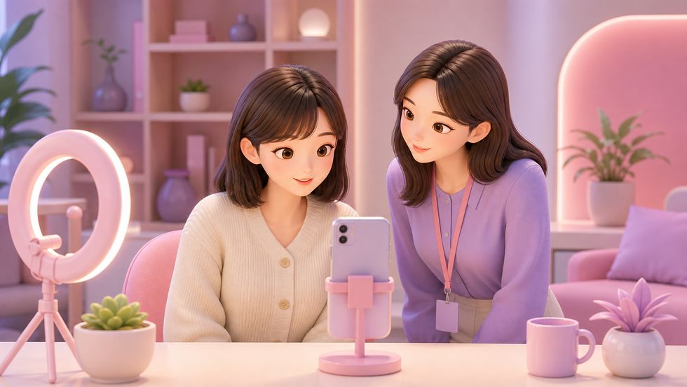 体験配信でスタッフのサポートを受けながら初めてのライブ配信を試す様子