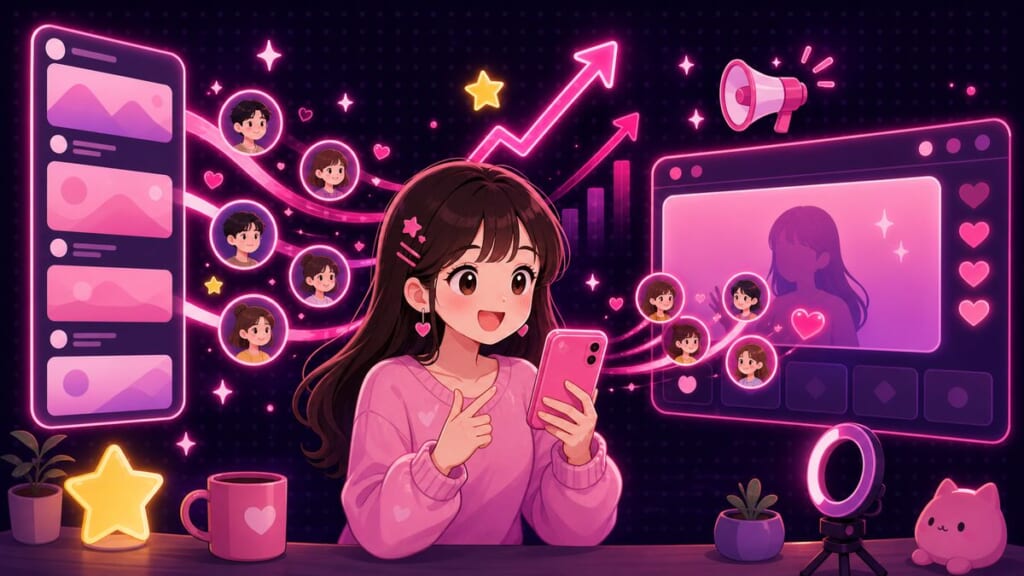 SNSからライブ配信へファンが流れ込むイラスト