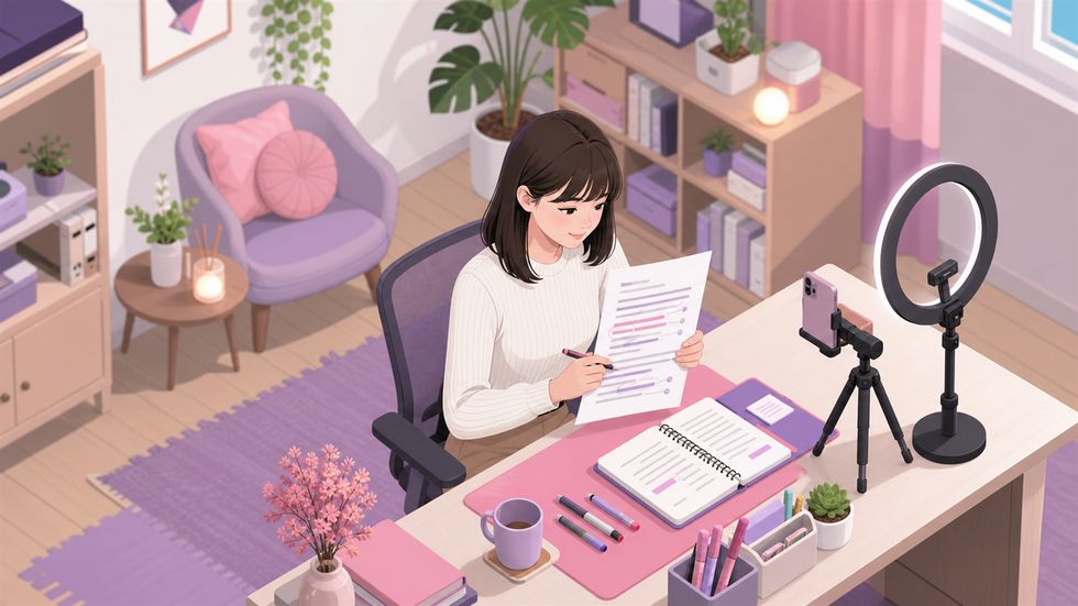 配信の文字起こしシートを読み返して気づきをメモするライバーの女性