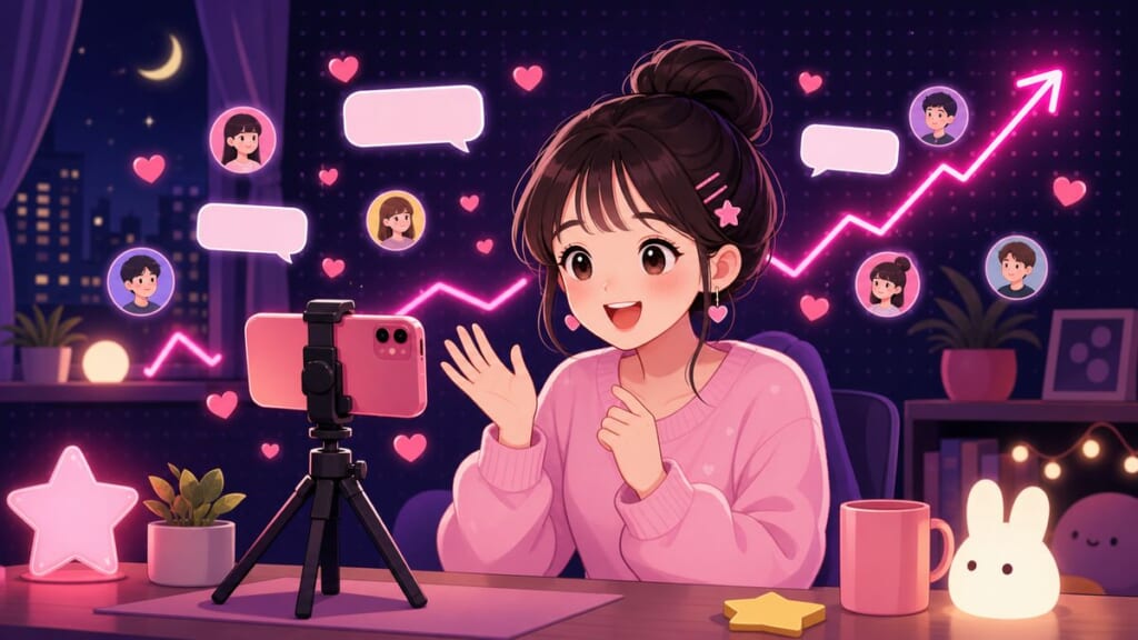 スマホでライブ配信するライバーのイラスト