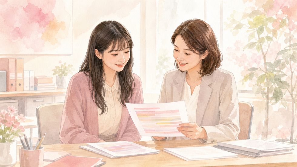 スタッフとフィードバックシートを確認するライバー志望者