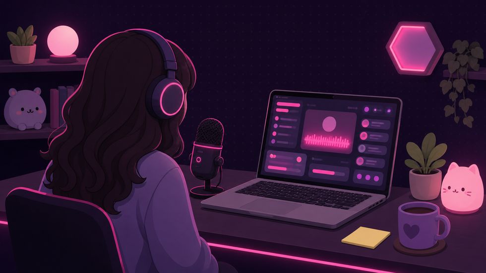マイクとヘッドフォンで声のみのラジオ配信をする顔出しなしのライバー