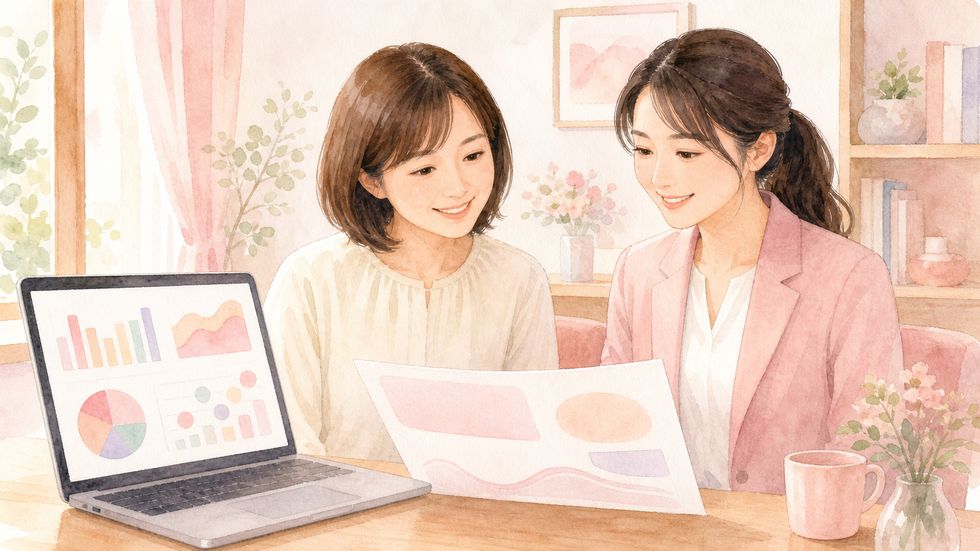 在宅ライバーと事務所スタッフがフィードバックシートを一緒に確認している場面