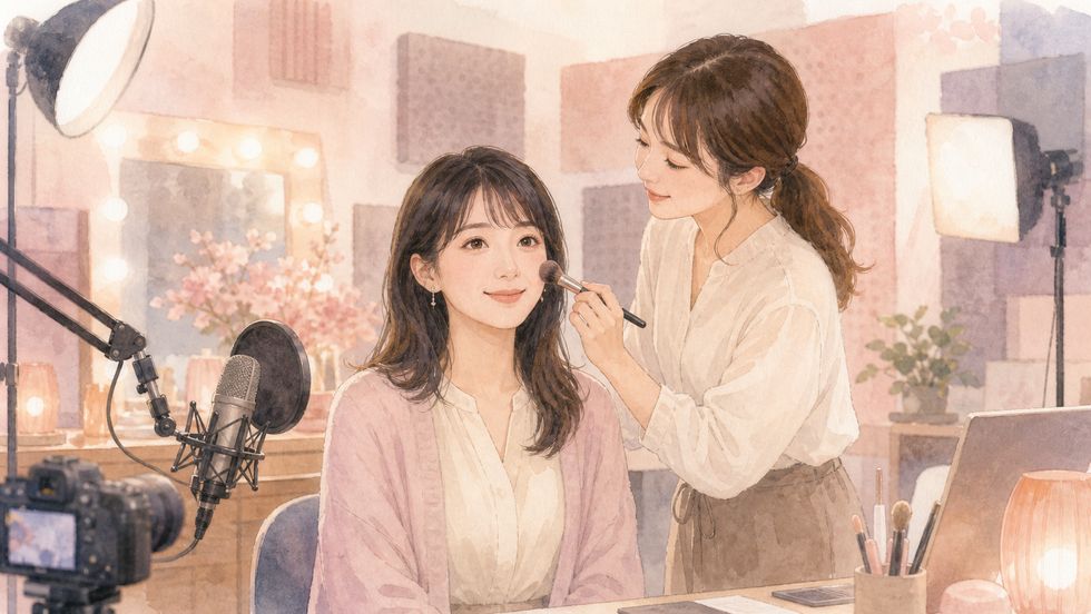 ライバー事務所の専属メイクアップアーティストに配信前のメイクをしてもらう主婦
