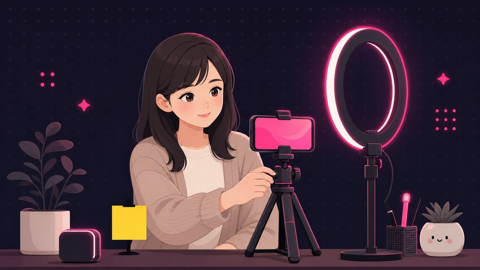 TikTok LIVE配信の前にリングライトとスマホスタンドを準備する女性