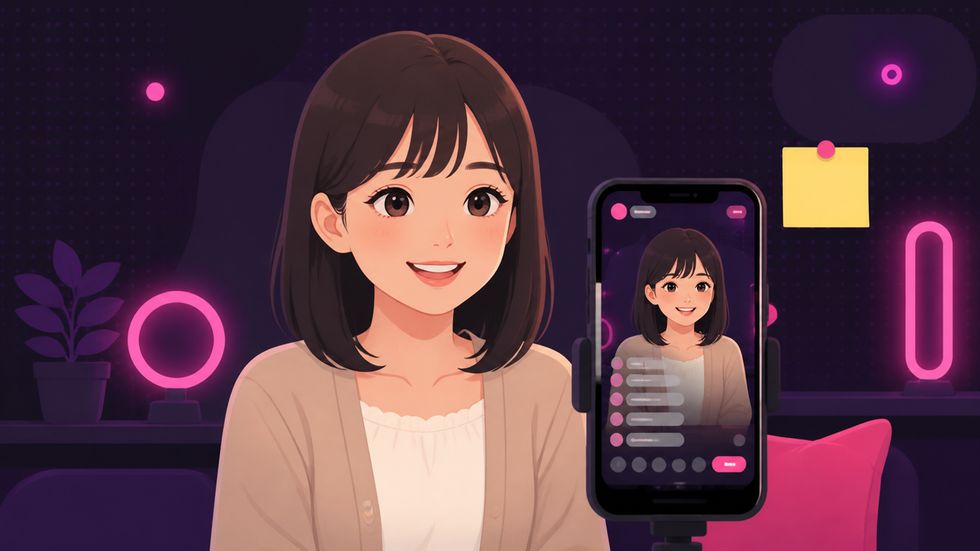 はじめてのTikTok LIVE配信でコメントに笑顔で反応する女性ライバー