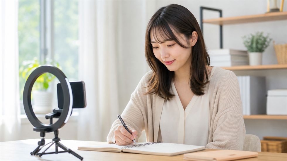 週間配信スケジュールをノートに書き込んでいるライバー