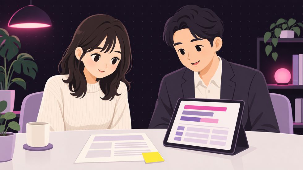 ライバー事務所の契約書と費用項目を確認する女性とスタッフ