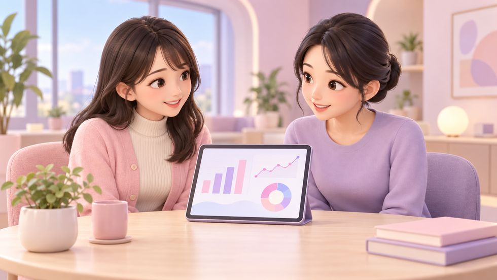 ライバーがスタッフとデータを見ながら相談している様子