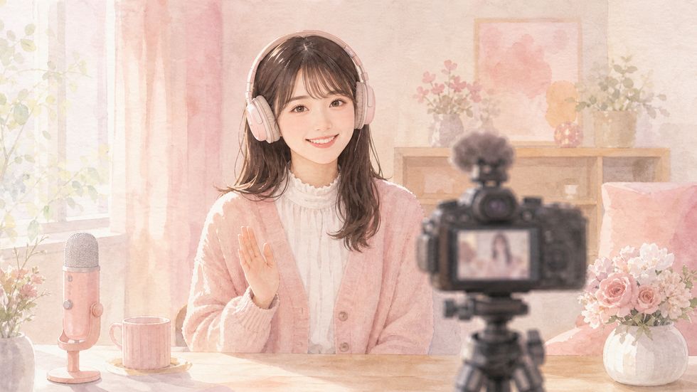 明るい部屋でカメラに向かって配信準備をする笑顔のライバー女性