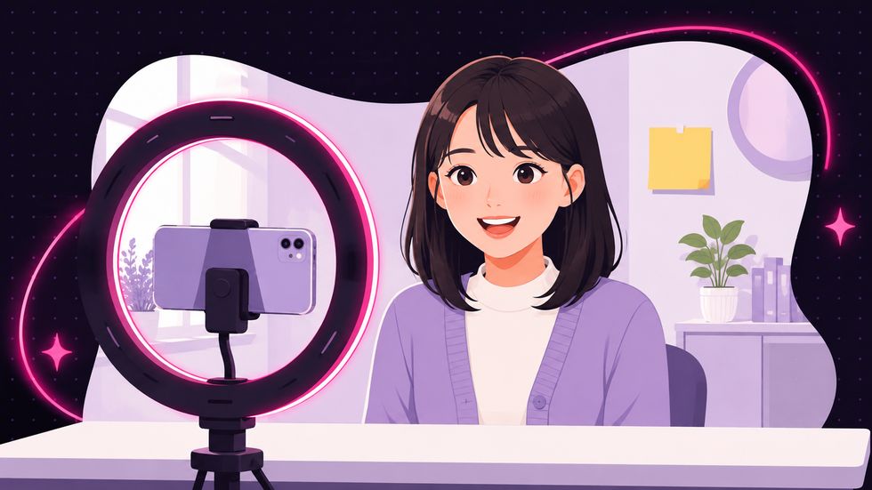 スマホとリングライトでライブ配信する女性ライバー