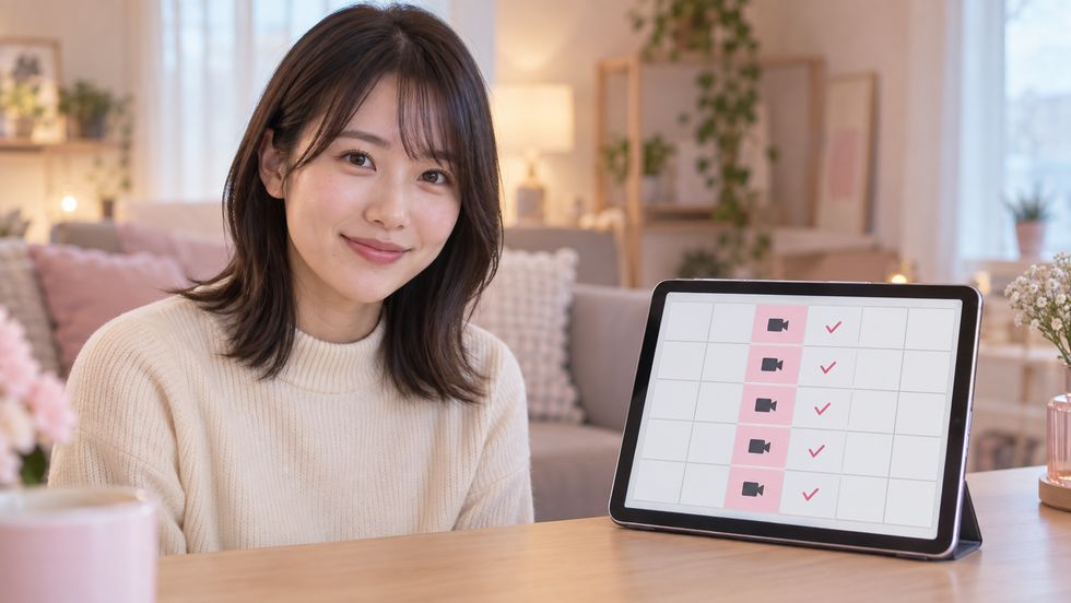 配信時間を固定したルーティン表とチェックマークが並ぶ画面