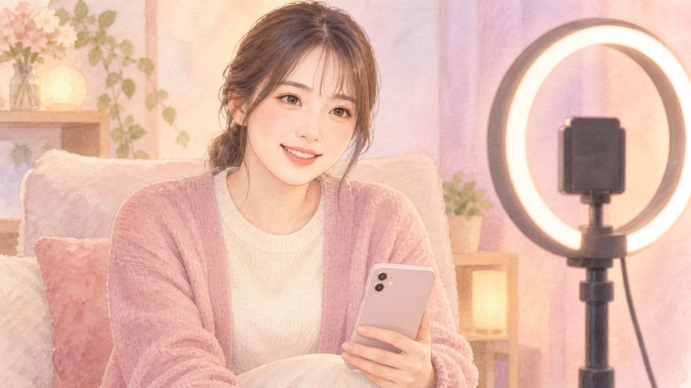 平日夜の配信風景・リングライトとスマホで自宅から
