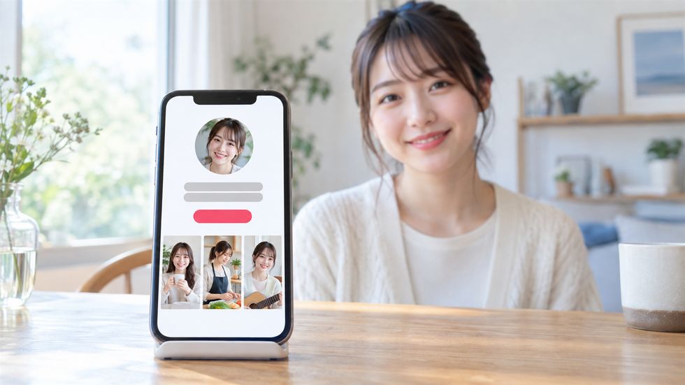 TikTok プロフィール画面の例：明るいプロフィール写真と3行の自己紹介文が並ぶスマホ画面