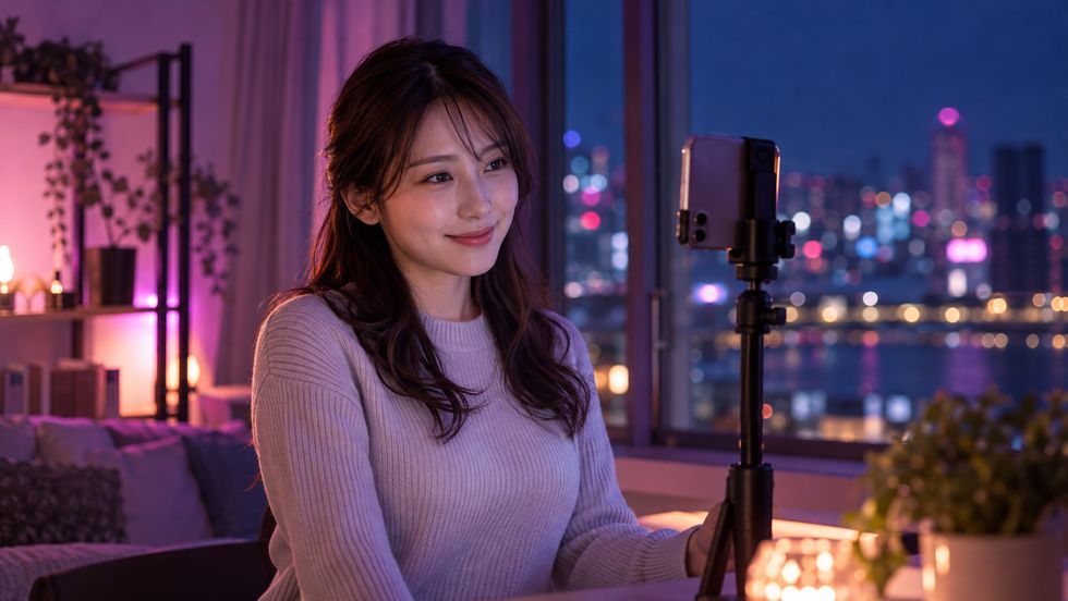 自宅でスマホを三脚に置いてライバー配信の準備をする様子