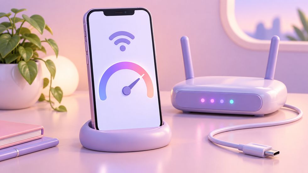 ライバーが配信前にスマホの通信速度と充電を確認している様子