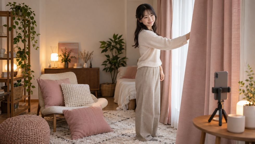 部屋の反響を抑えるためにカーテンやラグを整えるライバー