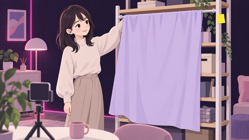 突っ張り棒と布で部屋の背景を整えるライバー