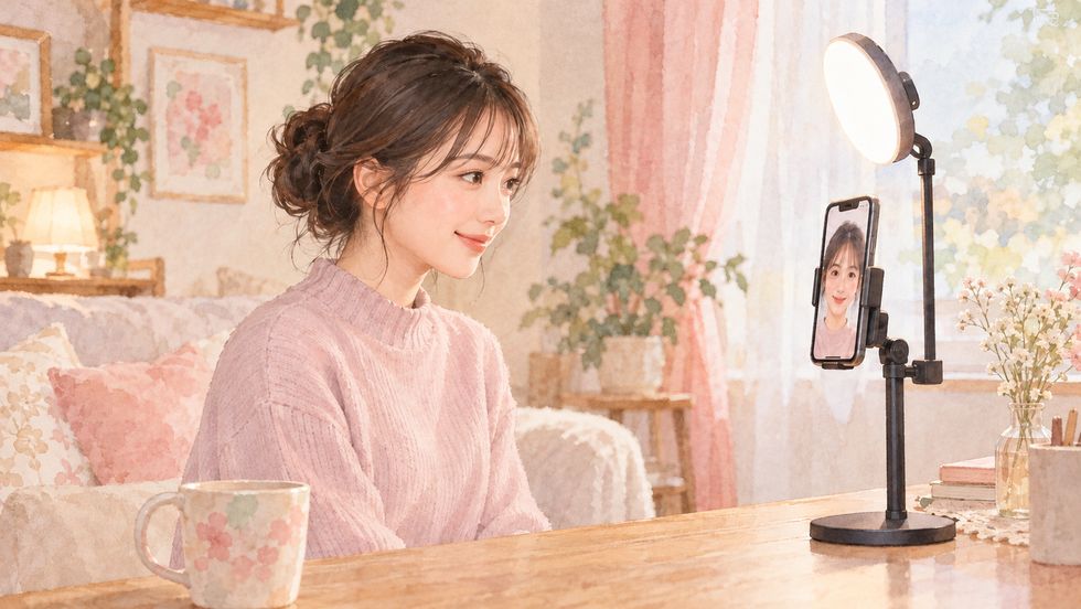 TikTok LIVEの照明をスマホの正面やや上に置いて自宅で確認する様子