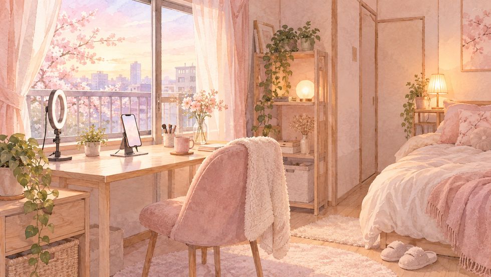 自宅の配信コーナーで窓の光と背景の照明を整えたスマホ配信の環境