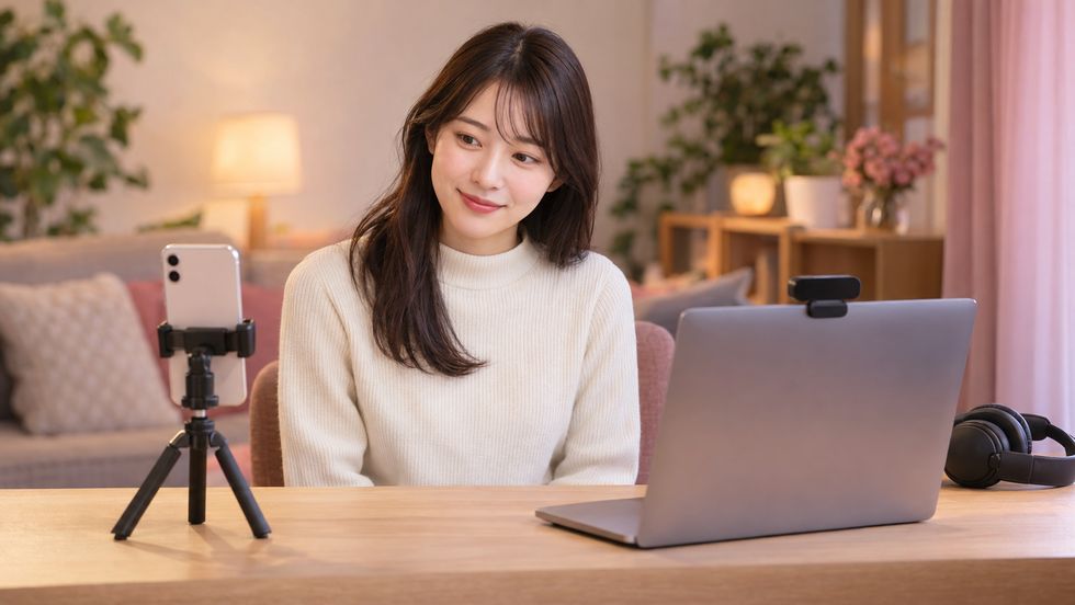 スマホ配信とパソコン配信の機材を見比べるライバーの様子