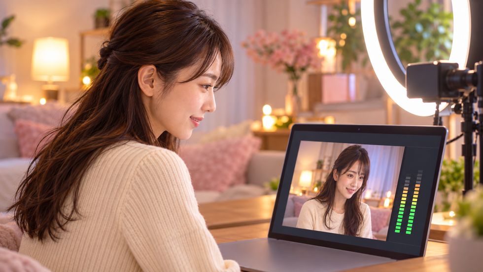 TikTokライブのパソコン配信前に音量と映像を確認する様子